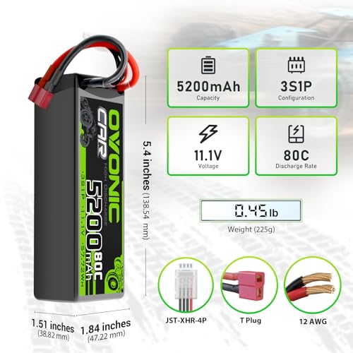 OVONIC Lipo Battery 11.1V 80C 5200mAh 3S Battery with Dean-Style T Plug Hardcase Battery for RC Car Boat Truck Helicopter Airplane Racing Models(2 Packs)(with Lipo Voltage Checker)