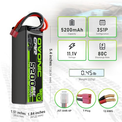 OVONIC Lipo Battery 11.1V 80C 5200mAh 3S Battery with Dean-Style T Plug Hardcase Battery for RC Car Boat Truck Helicopter Airplane Racing Models(2 Packs)(with Lipo Voltage Checker)