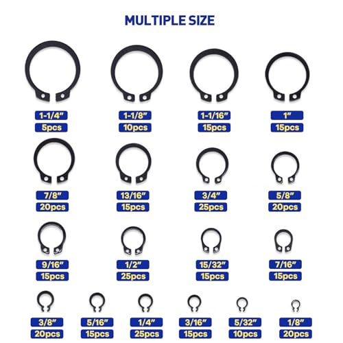 Boatsea 300Pcs C-Clip Circlip External Circlip Snap Retaining Clip Rings Assortment Kit, Alloy Steel Snap Ring Shop Assortment Set, 18 Sizes External Retaining Rings of 1/8"-1-1/4" - size: C-Clip 300PCS