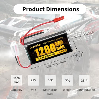 SCX24 Lipo Battery 7.4V 1200mAh Lipo Battery 2S 35C with PH2.0 & JST Plug for WLtoys A949 A959 A969 A979 K929 RC Truck and 1/10 1/16 1/18 1/24 RC Cars with USB Charger Cable