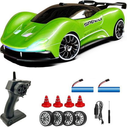 1:20 Scale Remote Control Drift Car 4WD 2.4GHz Racing Sport Toy RC Car with LED Lights, Racing and Drift Wheels (Green) - color: Green