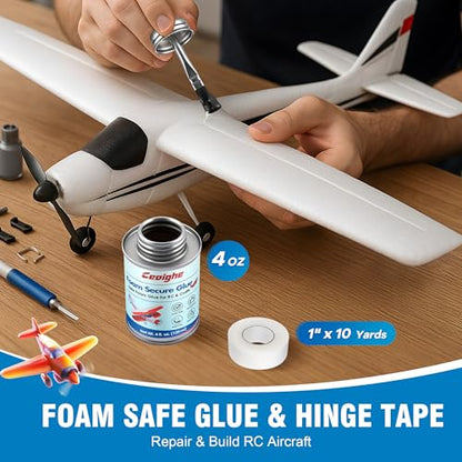 Foam RC Plane Repair Kit, Foam Glue and Hinge Tape Set, 4oz Adhesive with Brush Cap & 1" x 10 Yards RC Hinge Tape for Airplane Repair Assembly, Compatible with EPP EPO EPS Model Aircraft