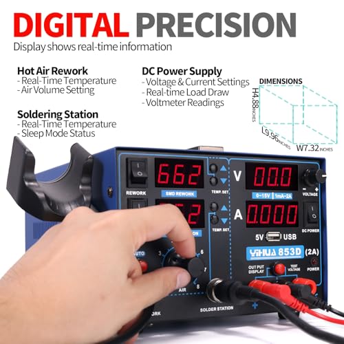 YIHUA 853D 2A USB SMD Hot Air Rework Soldering Iron Station, DC Power Supply 0-15V 0-2A with 5V USB Charging Port and 35 Volt DC Voltage Test Meter
