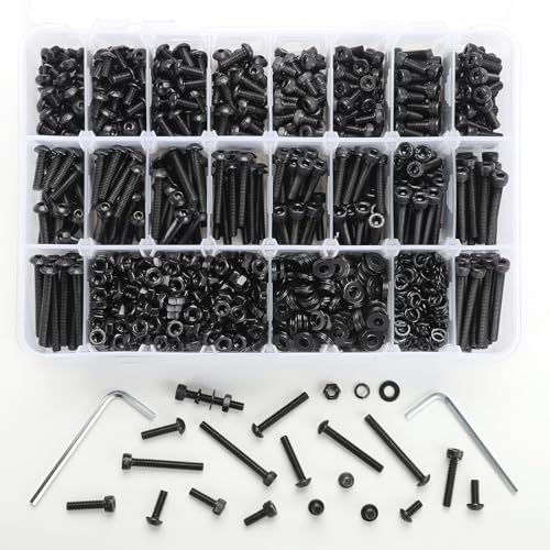 M4 Metric Screw Assortment, 1820PCS M4 x 6/8/10/12/16/20/25/30/35mm Hex Socket Button & Cap Head Screws Nuts Bolts Washer Assortment Kit 12.9 & 10.9 Grade Black Oxide for DIY, 3D Printer - size: M4 1820PCS Button&Socket Black
