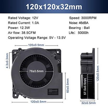 Wathai 120mm x 32mm Brushless Cooling Blower Fan 12V DC Centrifugal Fan | Dual Ball High CFM Replacement Fan for DIY Coolling or Inflatable - style: 120mm 12V 2Pin