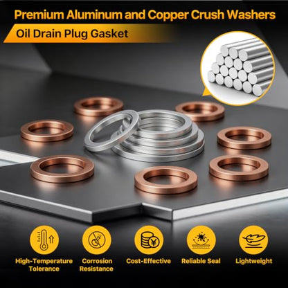 120PCS Crush Washer Oil Drain Plug, Aluminum & Copper Crush Washer | 12 Sizes Oil Drain Plug Gasket Assortment Kit for Automotive, Motorcycles, Marine and Mechanical Use (M10 M12 M14 M16 M18) - size: 120PCS(M10-M18)