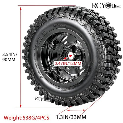 RC 1.9" Beadlock Wheels and Tires Set for 1/12 M-J-X H12Y H12Y+ H12P MN-128 RC Crawler,Wheels Tire OD 90MM/3.54",Aluminium Wheel Rims (4PCS),1.9" Beadlock Wheel Tires,Black - color: Black- (Wheel Tires)