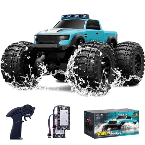 Amphibious Remote Control Car Waterproof Monster Truck Toys for Kid 4WD All Terrain Off Road RC Cars 2.4G RC Trucks 2 Batteries Drift RC Stunt Cars for Boys Age 6-12 Kids Gifts (Blue) - color: Blue