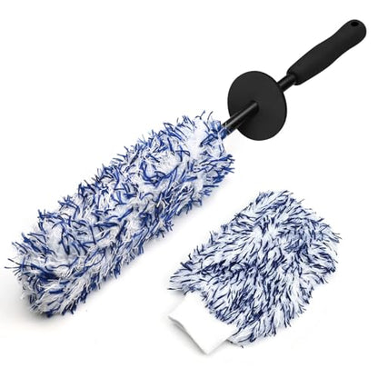 wuyaoyao 2PCS Microfiber Wheel Brush Set, Car Wheel Cleaning Brush with Car Wash Mitt, Soft Rim Cleaner Wash Brushes, Non Scratch & Highly Water Absorption, Automotive Cleaning Supplies (Blue, 2 PCS) - color: Blue, 2 PCS