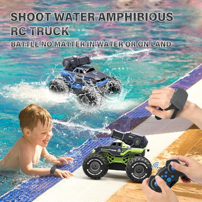 Amphibious Remote Control Car Boat Water Squirt RC Tank 2.4GHz Gesture Sensor 4WD Monster Truck Waterproof RC Car for 6 7 8 9-12 Kids Girls Boys Gift Beach Pool Water Toy With 2 Replaceable Batteries - color: Bule