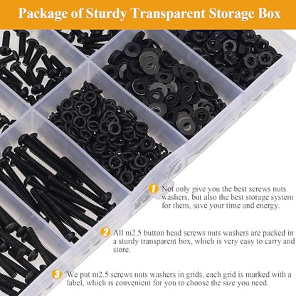 565 Pieces M2.5 Screws Nuts Washers Set Black, Sutemribor M2.5 x 4/6/8/10/12/16/20mm Button Head Socket Cap Screws Nuts Washers Assortment Kit, 10.9 Grade Alloy Steel, Fully Threaded - size: M2.5, style: Button Head Socket Cap
