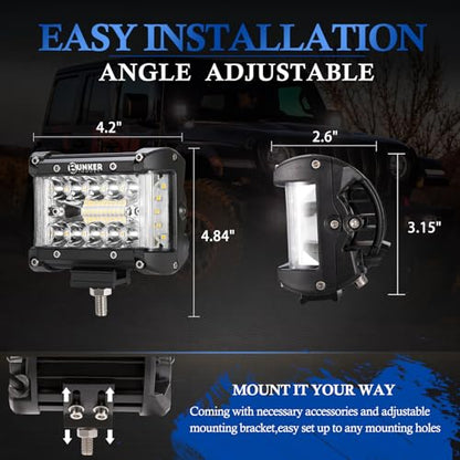BUNKER INDUST Side Shooter LED Light Pods Wiring Harness Kit, 2 Pcs 4" Spot Flood LED Light Bar 60W Work Light Waterproof Cube Lights Off-Road Driving Bumper Light for ATV UTV Truck Boat Tractor - size: 4 Inch