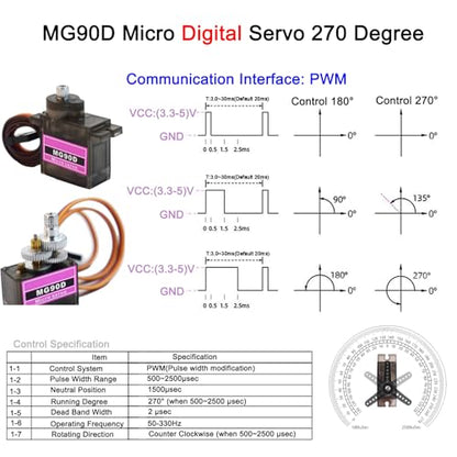 4 Pack MG90D 9g Digital Micro RC Servo Full Metal Gear 270 Degree Mini Servos Motor Upgraded SG90 for Arduino RC Smart Car Robot Arm 450 Aircraft Boat DIY PWM500-2500（Controllable Angle