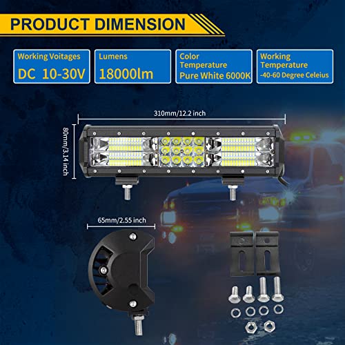 Willpower 12 Inch 180W Led Light Bar Spot Flood Combo Beam 12V 24V Fog Work Lamps Driving Offroad Lights for 4x4 Truck Tractor Boat Car ATV UTV SUV - size: 12'' - 180W - Combo