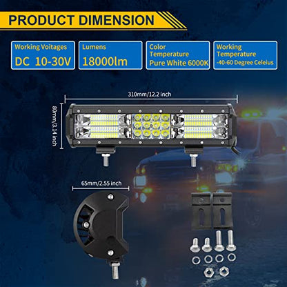 Willpower 12 Inch 180W Led Light Bar Spot Flood Combo Beam 12V 24V Fog Work Lamps Driving Offroad Lights for 4x4 Truck Tractor Boat Car ATV UTV SUV - size: 12'' - 180W - Combo
