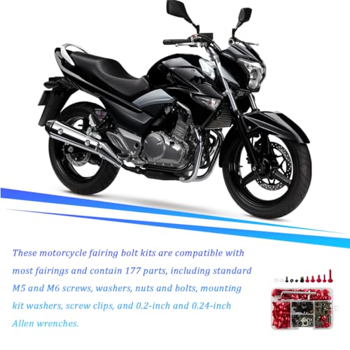 195PCS M5 M6 Motorcycle Fairing Bolt Kits, Stainless Steel Windshield Fairing Screws Fastener, Motorbike Windscreen Bolts Nut Clips Kit, Universal for Dirt Bike Scooters Motocross (Red) - color: Red