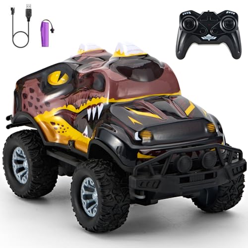 Dinosaur-Shaped Off-Road Vehicle Remote Control Cool Off-Road Vehicle Truck, 2.4GHz RC Car with LED Lights, 1:20Scale, RC Truck, Remote Control car from a Long Distance.Gifts for Boys (Brown) - color: Brown