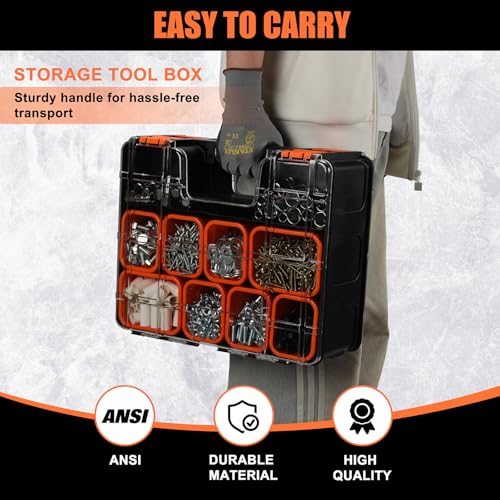 Double Side Tool Box, Multi-Function Storage Toolbox Organizer, 8 Movable Small Trays & Removable Dividers, Transparent Cover Plate, Toolbox For Hobby & Craft Use (15.16"L*12.8"W*6.3"H)