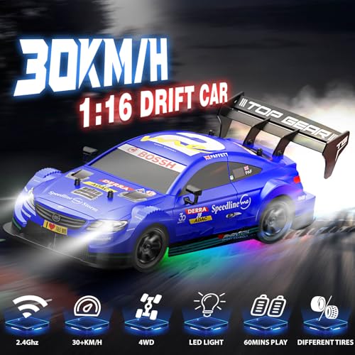 1/16 RC Drift Car, 2.4GHz 4WD Remote Control Drift Car, 30+KM/H High Speed Drift RC Cars with LED Lights 2 Batteries and Drift Tires Race Cars for Adults Boys Kids, Blue - color: Blue