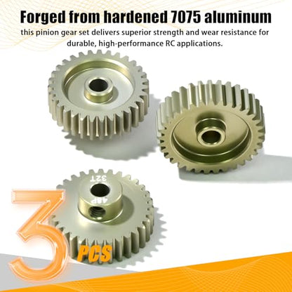 3PCS 48P Pinion Gear Set 7075 Aluminum Alloy 3.175mm Shaft 31T 32T 33T with Screws & Hex for 1/10 RC Arrma Traxxas HPI Sakura Losi Axial SCX10 Tamiya Monster Truck Buggy Motor Gears Upgrade - size: 31 32 33T