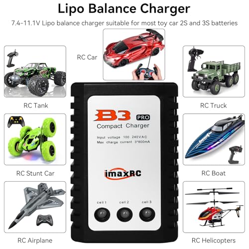 B3 Lipo Battery Charger - 2S 3S RC Balance Chargers AC 7.4-11.1V 10W with XH3P XH4P Plug for RC Car Batteries Drone Boat Airplane Truck Quadcopter Airsoft SCX24 SCX10