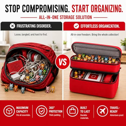 Bevegekos 2-Layer Carrying Case for Toniebox Gen 1 & 2, Holds 25+ Figures | EPE foam padded, 2 velcro dividers, fits headphones & charging station, adjustable strap, ideal for travel and daily use - color: Red