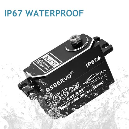 55kg Low Profile Brushless Servo with 2PCS 25T Servo Horn All Metal IP67 Waterproof Digital Servo High Torque Fast Steering Servo for 1/8 1/10 1/12 1/14 RC Car, 180°
