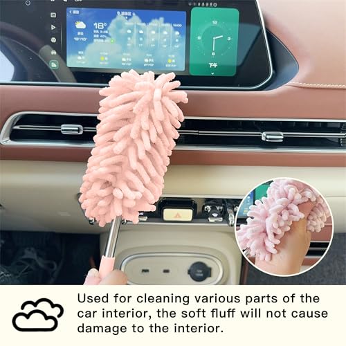 2PCS Car Interior Duster with Extension Pole, Microfiber Retractable Dusters Auto Dash Cleaning Tool, Soft Chenille Hand Washable Dusters for Vehicle Window Office Furniture (Pink) - color: Pink
