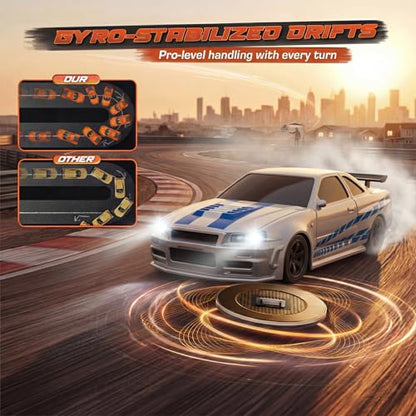 [2026 Upgrade 1/43 Mini RC Drift Car with Gyroscope, 4WD RTR | Gyro Mini Drift RC Car, 1/43 RC Drift Car Toys for Kids Ages 8-14, Birthday Gifts for Boys Girls, 2 Tire Sets, 8 Cones - color: Silver Blue