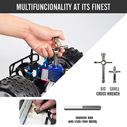 RC Car Tool Kit (27pcs), Screwdriver Set (Flat, Phillips, Hex), Pliers, Cross Wrench, Body Reamer, Stand, Polished Bar Hobby Repair Tools for Traxxas Car Quadcopter Drone Helicopter Airplane