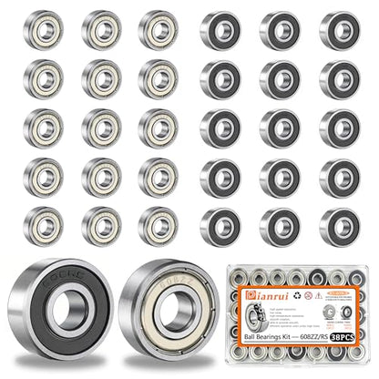 Dianrui 38 PCS 608RS & 608ZZ Ball Bearings Assortment Kit, Small Bearings Carbon Steel Deep Groove Bearing, for Furniture Wheel, Roller Skates, 3D Printing and ect (8mm x 22mm x 7mm) - size: 608RS & ZZ