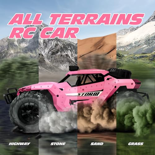 Tecnock Pink RC Car 1/16 Scale Remote Control Car for Girls, High Speed 20 Km/h All Terrains Rc Monster Truck with Two Rechargeable Batteries & Head Chassis Lights Gift Toy for Kids Adults - color: Pink