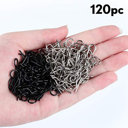 120 Pieces Universal Rc Body Clips Car Silver and Black Stainless Steel R Clips for 1/10 1/12 Scale Redcat Hpi Himoto Hsp Exceed Rc Car Parts Truck Buggy Shell Replacement