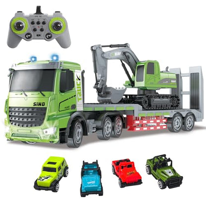Fistone RC Semi-Trailer Truck & Excavator Toy Set, 1:12 Scale with Sound and Lights, 11CH 2.4Ghz Remote Control Flatbed Truck and Excavator Toys, Great Gift for Kids Boys - style: Flatbed Trailer & Excavator