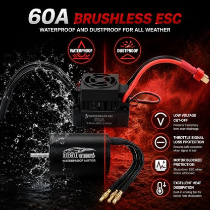 3650 3100KV Brushless Motor ESC Combo, Waterproof 60A Sensorless Brushless ESC for 1/10 RC Cars, 2S LiPo Brushless Motor Kit for Off-Road, Buggy, Monster Truck, Touring Car