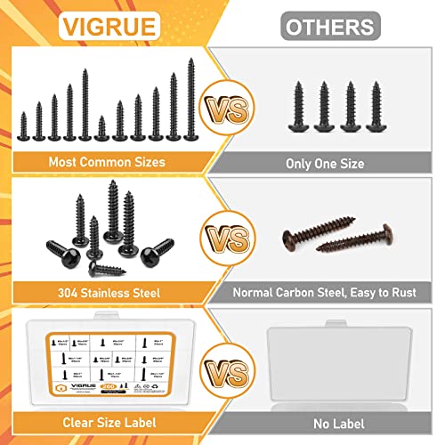 VIGRUE 260PCS #6#8 Black Wood Screw Assortment Kit, 304 Stainless Steel Pan Head Self Tapping Screws, Black Oxide - style: 260PCS #6#8Stainless Steel Black Pan Head