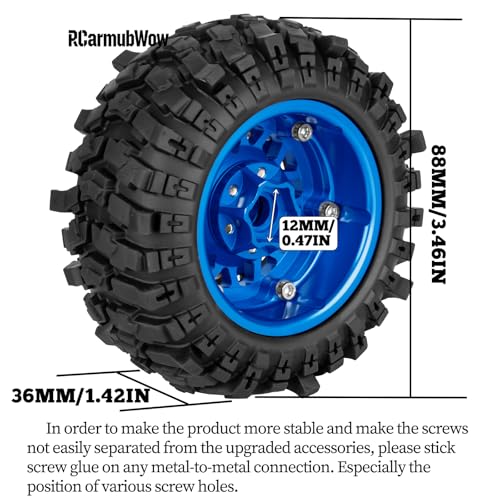 1.9 Beadlock Wheel & Tire Set, 88x36mm Rubber Crawler Tires Aluminum Alloy 1.9 Inch Beadlock Rims Compatible with 1/12 M-J-X H12Y H12Y+ H12P, MN-128 RC Climbing Car,Navy Blue w/Black - color: Navy W/Black
