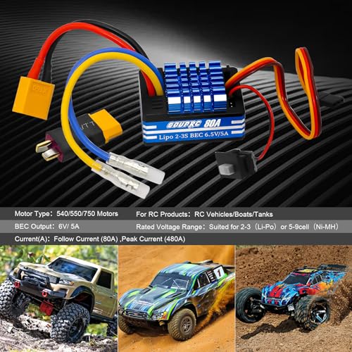 GOUPRC 80A 2S-3S LiPo Metal Brushed ESC Electronic Speed Controller T-plug/XT60 Plugs for 1/10 RC Car RC Boat for Use with 540/550/750 Motors - color: Blue