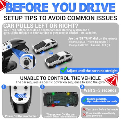 RC Drift Car, 1/43 Mini RC Drift Car with Gyro, 2.4GHz Full Proportional Control, 20KM/H 4WD High Speed Remote Control Alloy, LED Lights & Drift Tires, Toys Gift for Adults, Boys and Girls - color: White and Black