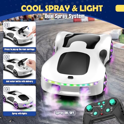 HuiJuKeJi Gesture Sensing RC Stunt Car with USB Charging Dock, 360° Rotate Drift Car, 2.4GHz Dual Remote Control, Cool Spray Mist & LED Lights, Birthday Gift for Kids Boys Girls Age 6-12
