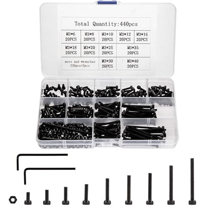 440 Pcs M3 Small Metric Screws with Nuts, Hex Socket Head Cap and Nut Assortment Kits, Alloy Steel Replacement Machine Fastener Screws and Bolts Nuts (440Black) - color: 440Black