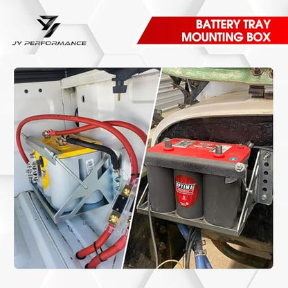 Battery Mounting Box Tray, Fits up to 10.63"×7.06"×7.5" Batteries, Bolt-in | Zinc-Plated Finish, Rust-Resistant, 12-Gauge Steel Brackets, Hold-Down Bracket with J-Bolts, 14.375" Overall Length - color: metallic