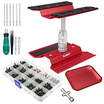 GLOBACT RC Stand RC Tool & 521 PCS RC Screws Kit for 1/8 1/10 RC Car, Red | RC Work Stand, RC Repair Tool, 360 Degree Rotation - color: Red