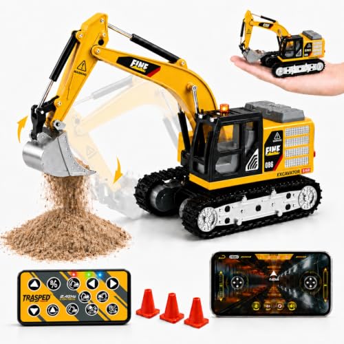Mini RC Excavator, 1/64 Remote Control Excavator with Lights & Sounds, App & 2.4GHz RC Alloy Rechargeable Construction Vehicle Toy with Lights & Sounds, Gift for Boys Girls Adults - style: RC Excavator