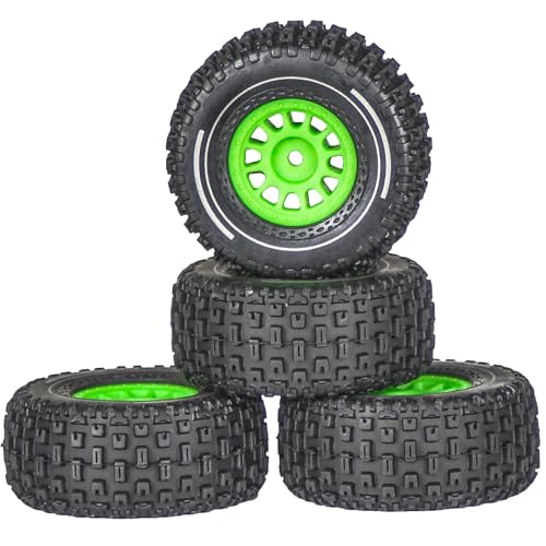 Pre-Glued 1/16 & 1/18 RC Truck Tires & Wheels - 12mm Hex 2.56" OD, Green | All-Terrain Tires for Traxxas Slash, ARRMA Mojave GROM, Tamiya, Kyosho, HPI - Durable Nylon Wheels for On/Off Road Bashing - color: Green