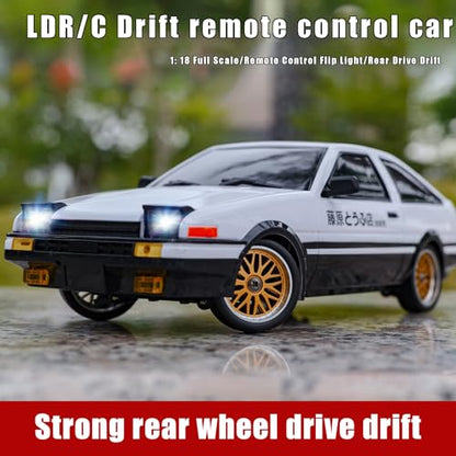 1:18 AE86 Model LD1801 RC Drift Car 1/18 2.4G Remote Control on Road ESP Gyroscope LED Mini RC Racing Cars (White)