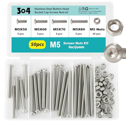 50PCS M5 x 50mm 60mm 70mm 80mm, Button Head Socket Cap Screws Bolts Nuts Kit, Stainless Steel 304, Metric Allen Hex Drive, Fully Threaded - size: Button M5x50/60/70/80mm