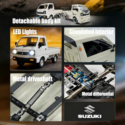 WPL D-14S RC Kei Truck, 1:10 Scale Suzuki Carry Kei Drift Truck- Brushless 4000KV Motor, 25km/h, Swappable Drift/Racing Tires, LED Lights, RTR RC Drift Truck for Hobbyists
