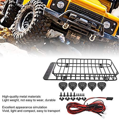 1/10 Scale RC Metal Roof Rack Luggage Carrier with 5 LED Lights, Black | Compatible with Traxxas TRX-4, Axial SCX10 90046 & SCX10 III AXI03007, Overland Crawler Upgrade Parts