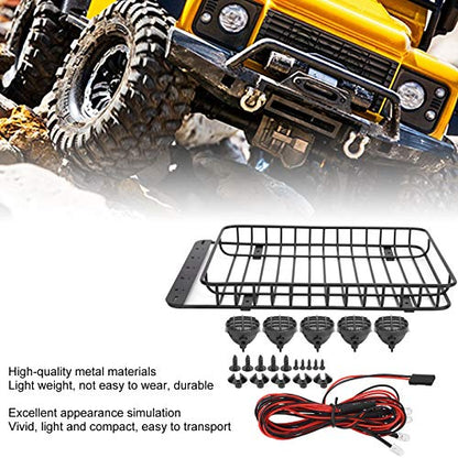 1/10 Scale RC Metal Roof Rack Luggage Carrier with 5 LED Lights, Black | Compatible with Traxxas TRX-4, Axial SCX10 90046 & SCX10 III AXI03007, Overland Crawler Upgrade Parts